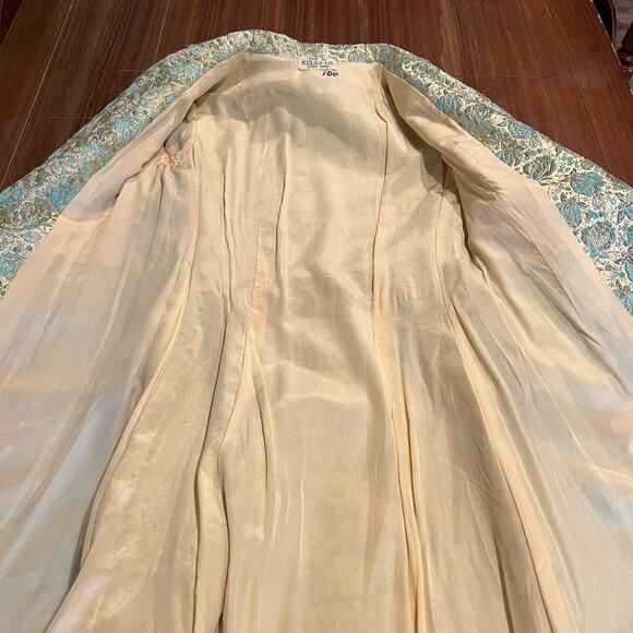 Vintage Brocade Coat Jacket Kelly Co. Hong Kong Blue Cream Gold Green - Picture 9 of 9